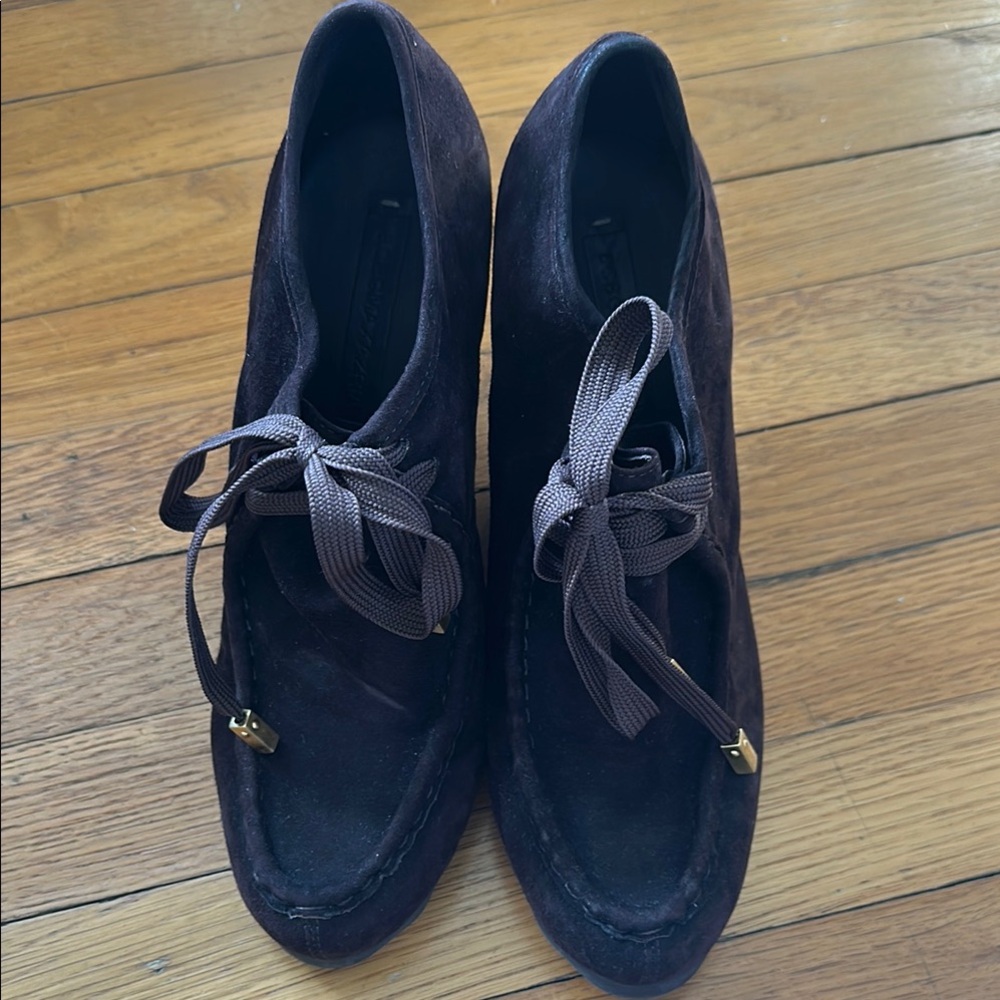 BCBG Max Azaria Dark Brown Suede Wedge Loafers with Ribbon Laces